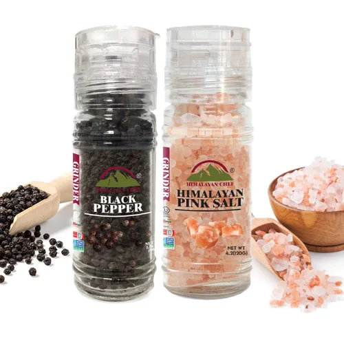 Himalayan Chef Juego de molinillo de sal rosa y pimienta negra del Himalaya, 5.3 onzas cada uno, molinillo de vidrio ajustable y recargable,