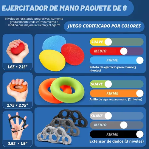 Miniatura 2 de roygra Entrenador de fuerza de agarre (paquete de 8), fortalecedor de antebrazo, pelotas de estrés para adultos, dispositivos de fortalecimiento