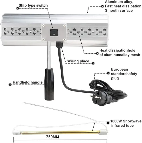 Miniatura 3 de DATOUBOSS Lámpara de Curado de Pintura Infrarroja de 1000W Lámpara de Calor Infrarroja de Onda Corta para Reparación de Carrocería de Automóvil