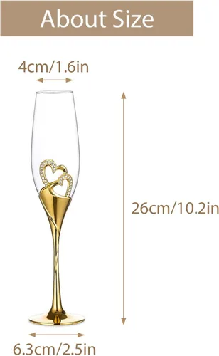 Miniatura 6 de Juego de copas de champán para boda, copas de flauta de tostado dorado, paquete de 2 con diamantes de imitación, decoración de corazones para bodas