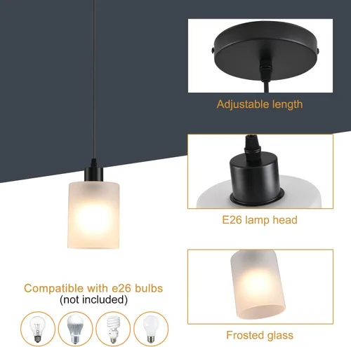 Miniatura 2 de Paquete de 3 Lámparas Colgantes Industriales, Pantalla de Vidrio Esmerilado Estilo Granja Moderno, Luminarias Colgantes Ajustables para Isla