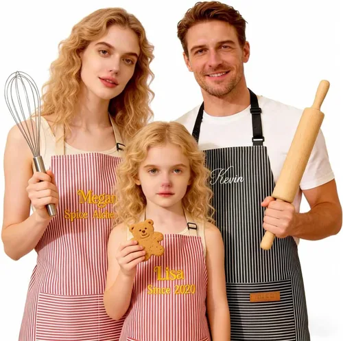 Delantal personalizado para mujeres, hombres y niños, bordado con nombre y texto, delantales personalizados a rayas para adultos con bolsillos y