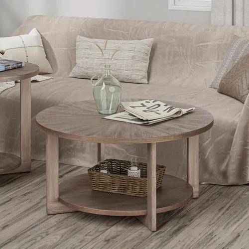 Miniatura 9 de Mesas de centro redondas de madera con almacenamiento, mesa de centro rústica con parte superior de madera envejecida, mesa circular grande