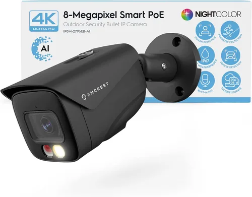 Amcrest Cámara IP PoE AI UltraHD 4K (8MP), FOV 129°, visión nocturna a color de 49 pies, cámara de seguridad para exteriores tipo bala, detección de