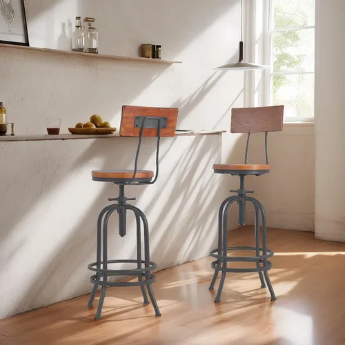 Miniatura 6 de Juego de 2 taburetes de bar industriales con respaldo, asiento giratorio de madera, barra de bar altura ajustable de 26 a 32.2 pulgadas, silla