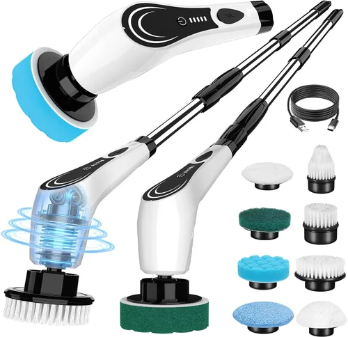 Miniatura 8 de Limpiador eléctrico giratorio, limpiador de baño inalámbrico con 7 cabezales de cepillo, limpiador de ducha ajustable de mango largo para lechada