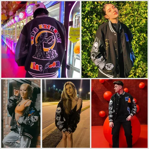 Miniatura 4 de Aelfric Eden Chaqueta de motocicleta para hombre, chaqueta de béisbol Blackair Moto Varsity para mujer, abrigos vintage