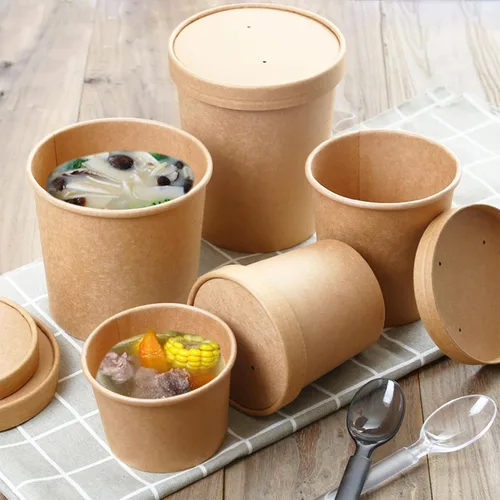Miniatura 7 de Paquete de 100 recipientes de papel de 4 onzas para sopa con tapas ventiladas, recipientes desechables para alimentos, tazas de helado de estraza