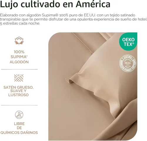 Miniatura 3 de Threadmill Sábanas de lujo de algodón Supima, sábanas de 100% algodón suaves de 1200 hilos de lujo para cama tamaño matrimonial, juego de 4 sábanas