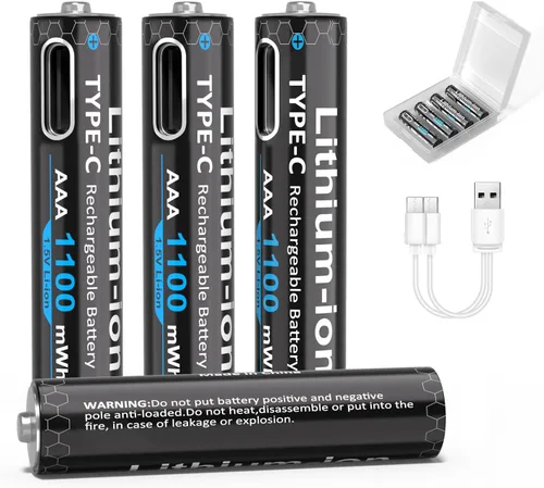 Baterías de litio AAA recargables USB de 1100 mWh (paquete de 4, 1.5 V), baterías triple A con cable tipo C, 1200 ciclos, batería AAA de larga
