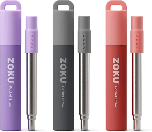 Miniatura 14 de ZOKU Popote de metal reutilizable con estuche para viajes, gris - Popote plegable de acero inoxidable con punta de silicona y cepillo limpiador, Azul