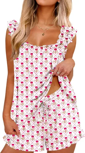 Miniatura 9 de Ekouaer Conjunto de pijama para mujer, conjunto de 2 piezas con volantes, camiseta sin mangas suave y pantalones cortos, conjunto de pijama de novia