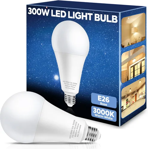 Bombilla LED equivalente a 300 W, bombilla LED A23 súper brillante de 4060 lúmenes, blanco cálido 3000 K, ahorro de energía de 33 W, base media E26,