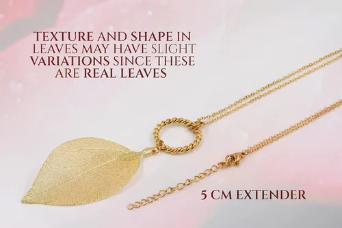 Miniatura 14 de Joyas de hoja de oro rosa y plata para mujer. Pendientes de hoja natural y collares circulares colgantes. Elegantes conjuntos de joyas colgantes.