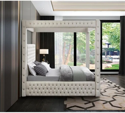 Miniatura 6 de Meridian Furniture RoyalCream-Q Colección Royal moderna, cama Queen tapizada de terciopelo contemporáneo con terciopelo crema suave, acolchado