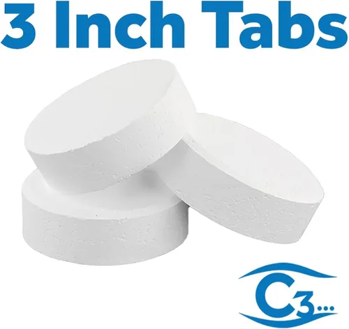 Miniatura 2 de C3... Tabletas de cloro estabilizado de 3" para piscinas Fácil de usar para piscinas sobre el suelo o enterradas Tabletas clorantes envueltas