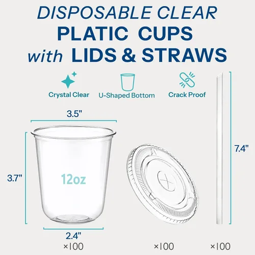 Miniatura 2 de Homestockplus Paquete de 100 vasos de plástico transparente de 12 onzas sin BPA con tapas y popotes, vasos desechables para sorbetes a prueba