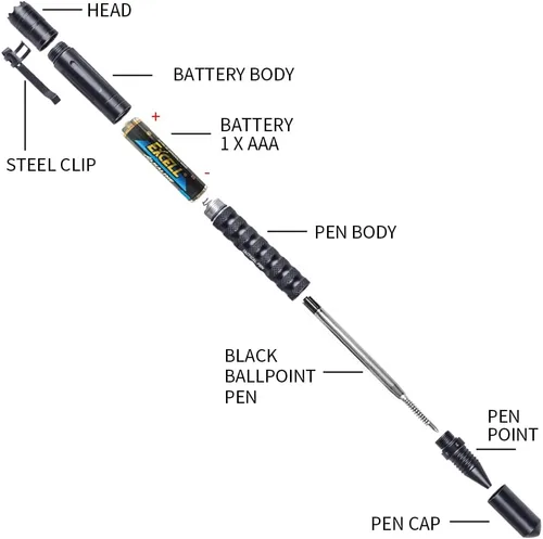 Miniatura 3 de Pluma táctica profesional de autodefensa pluma con linterna LED incorporada, defensor de ADN y cortador de vidrio herramienta de supervivencia Negro