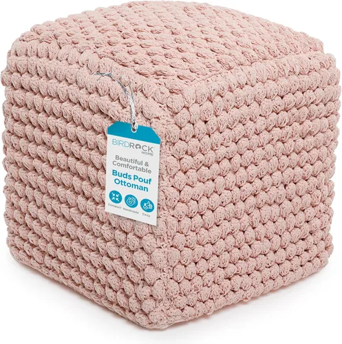 BIRDROCK HOME - Taburete de puf redondo con diseño otomano – Puf de punto – Cuerda trenzada de algodón – Ideal para la sala de estar, dormitorio y