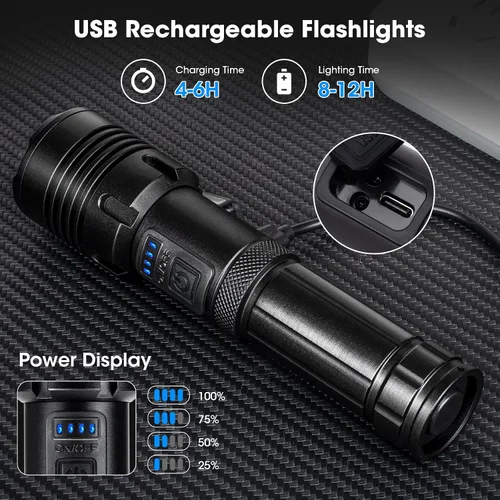 Miniatura 4 de Paquete de 2 linternas de 99000 lúmenes altos, linterna recargable LED súper brillante, 5 modos, IPX7 impermeable Flah Light para camping, hogar