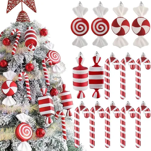 Miniatura 10 de 6 piezas de adornos para árbol de Navidad, varillas de lana rojas y blancas con lentejuelas y esferas colgantes para árbol de Navidad, adornos