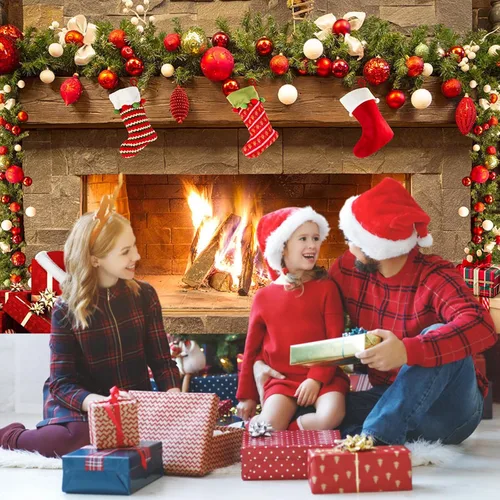 Miniatura 3 de Mocsicka Telón de fondo temático de chimenea navideña para fotografía, árbol de Navidad, calcetín, regalo, decoraciones para fiestas familiares