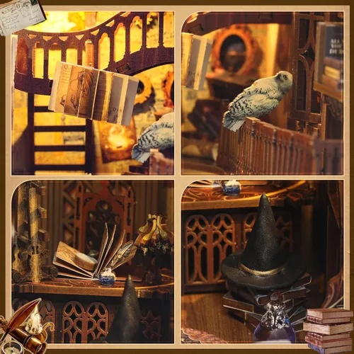 Miniatura 4 de Kit de rincón de libros de bricolaje, diorama de sujetalibros con LED, rompecabezas de madera 3D, kits de casa en miniatura para bricolaje