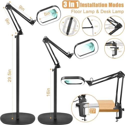 Miniatura 5 de IVMAIE Lupa 10X con luz y soporte, lámpara de pie con lupa 3 en 1 con abrazadera, 5 modos de color LED regulable lupa de pie con luz manos libres