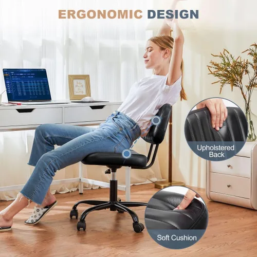 Miniatura 5 de Silla de escritorio de oficina sin brazos, soporte lumbar de respaldo bajo, pequeña ergonómica, silla giratoria de piel sintética de 360° con altura