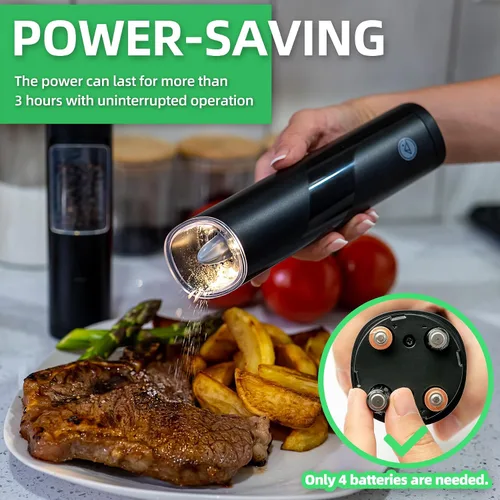 Miniatura 3 de GATGOODS Gravity - Juego de molinillo eléctrico de sal y pimienta, grosor ajustable, luz LED cálida, operación automática de una mano, funciona