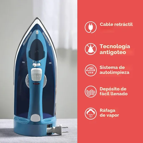 Miniatura 8 de BLACK+DECKER Plancha de vapor para ropa con cable retráctil, vaporización vertical, diseño antigoteo, rociador de niebla y botón de autolimpieza