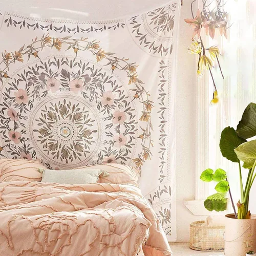 Miniatura 4 de Simpkeely Tapiz de medallón floral esbozado, tapiz colgante de pared con mandala bohemio, mural de impresión de arte indio para dormitorio, sala