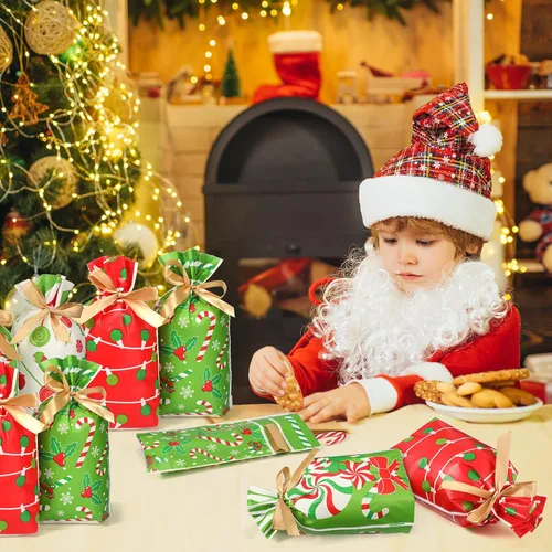 Miniatura 6 de Funrous Bolsas de Favor con Cordón de Navidad Bolsas de Plástico para Dulces y Golosinas de Navidad para Niños Cumpleaños Envoltorio de Aperitivos
