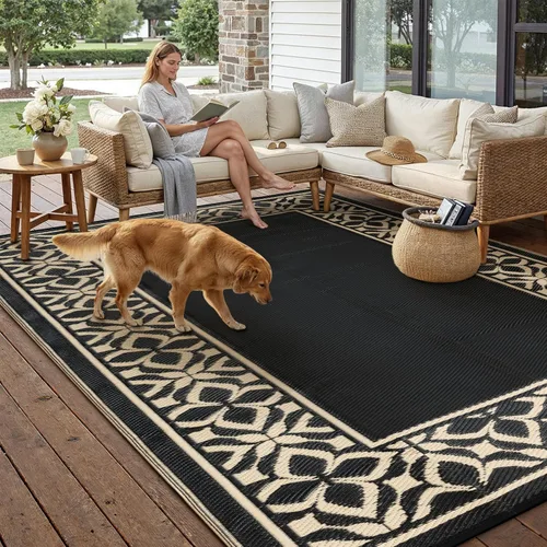 Miniatura 3 de PureCozy Alfombra de paja de plástico para exteriores, color negro, beige, grande, impermeable, para patio, 5 x 8 pulgadas, geométrica, reversible