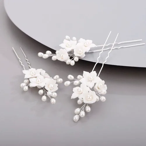 Miniatura 2 de Chargances 3 horquillas para el pelo de perlas de flores blancas para novia, cuentas de perlas plateadas, hechas a mano, accesorios para el cabello
