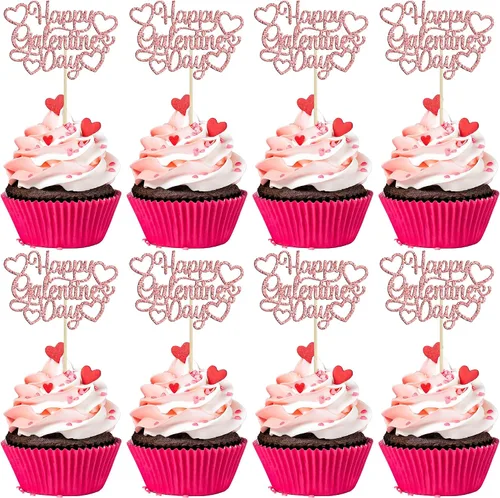 Miniatura 22 de 24 piezas de decoración de cupcakes con purpurina dorada para el día de San Valentín, temática de San Valentín, fiesta de cumpleaños, suministros