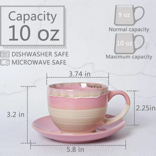 Miniatura 2 de Bosmarlin Juego de 2 tazas y platillo de cerámica para capuchino, 10 onzas, tazas de café para café con leche, expreso, té, lavavajillas y Rosa