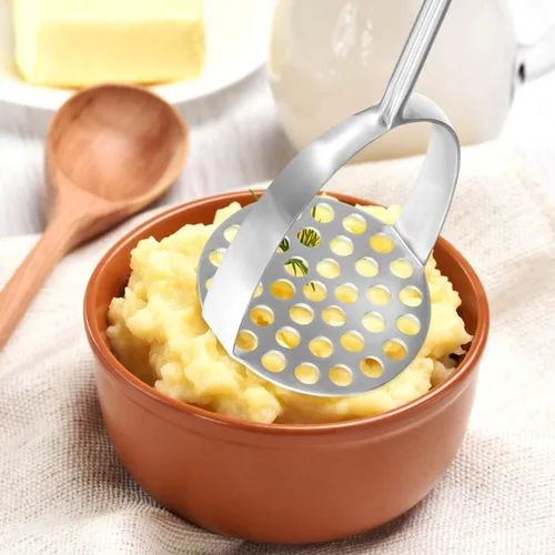 Miniatura 2 de Angoily Triturador de papas de acero inoxidable con mango de madera, prensador de papas resistente para papas de mano para aguacate y verduras