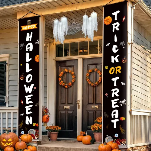 KatchOn, Cartel de Feliz Halloween de Trick or Treat – Grande, 72 x 12 pulgadas | Cartel negro para puerta de Halloween para decoraciones de