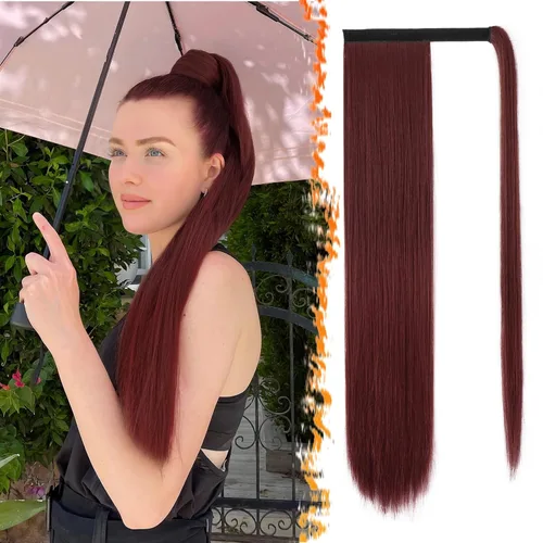 Miniatura 60 de BARSDAR Extensión de cola de caballo de 28 pulgadas largo recto envoltura alrededor del clip en pelo de fibra sintética para mujeres, negro