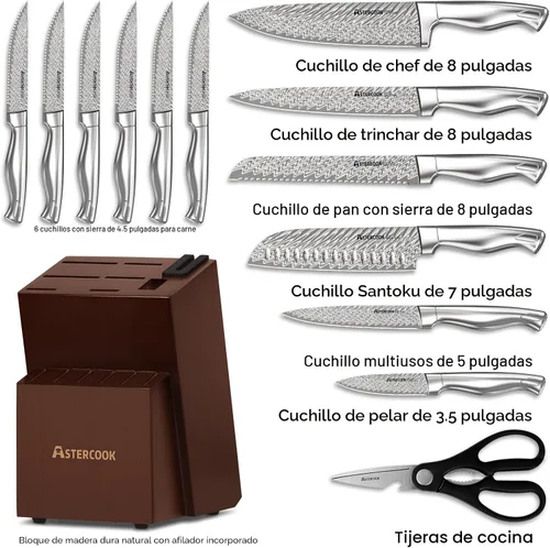 Miniatura 2 de Astercook Juego de Cuchillos, Juego de Cuchillos de Cocina de 15 Piezas con Bloque, Afilador de Cuchillos Integrado, Juego de Bloque de Cuchillos