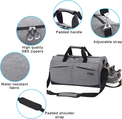 Miniatura 6 de Kuston Bolsa de gimnasio deportiva con compartimento para zapatos y bolsillo húmedo, bolsa de lona para gimnasio para hombres y mujeres, Gris