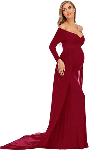 Miniatura 5 de ZIUMUDY Vestido de maternidad de manga larga con hombros descubiertos, vestido de gasa para sesión de fotos, baby shower