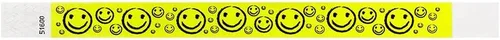 Miniatura 3 de 200 pulseras Tyvek de Wristco con cara sonriente amarilla para eventos, ¾ x 10 pulgadas, impermeables, reciclables, cómodas, resistentes a Amarillo