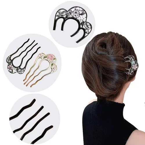 Miniatura 5 de Paquete de 2 horquillas con patrón de flores en forma de U para moños, palillos creativos de 4 puntas, dientes de metal, pinzas de horquilla