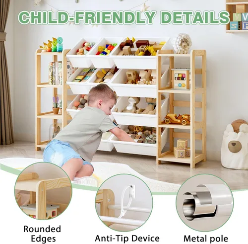 Miniatura 5 de MallBest Organizador de almacenamiento de juguetes extra ancho con 12 contenedores y estantes dobles, estante de madera de pino maciza para niños