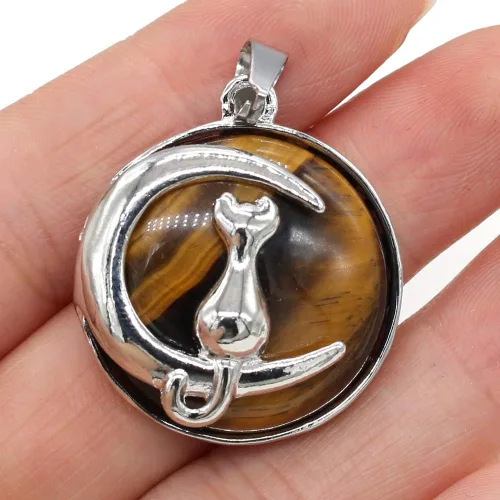 Miniatura 5 de LE SKY 10 colgantes de piedra natural de forma redonda, piedra de cristal mixta, aleación de gato, patrón para hacer joyas y collares