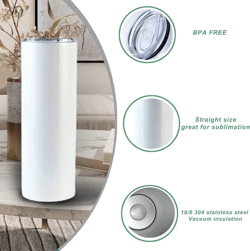 Miniatura 3 de Paquete de 25 vasos rectos de sublimación de 20 onzas con doble pared de acero inoxidable con popote de metal y tapa de plata para bancos mayoristas