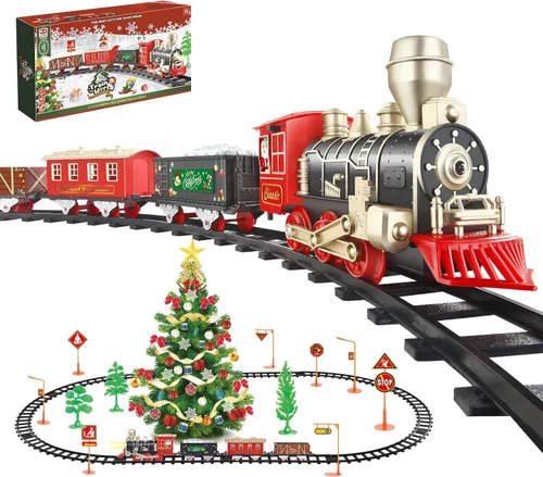 Miniatura 7 de JQ JUQU Juego de tren eléctrico para niños de 3 a 8 años, tren de juguete a pilas con luces y sonidos, 3 autos y 10 pistas para Navidad y juego