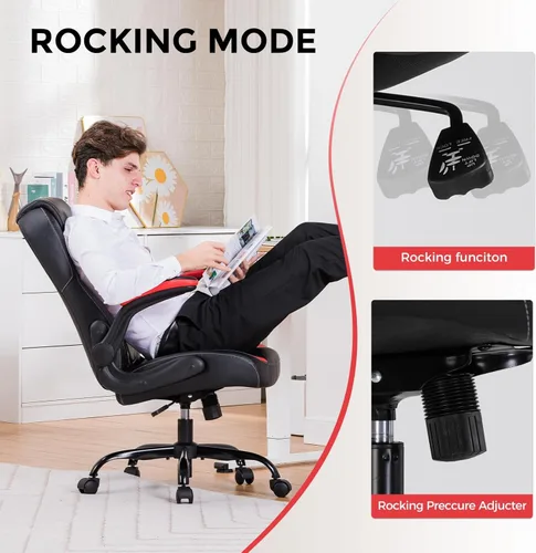 Miniatura 6 de COMHOMA Silla ergonómica para juegos de oficina para adultos, con soporte lumbar, brazos abatibles, altura ajustable, ruedas giratorias de piel Nred